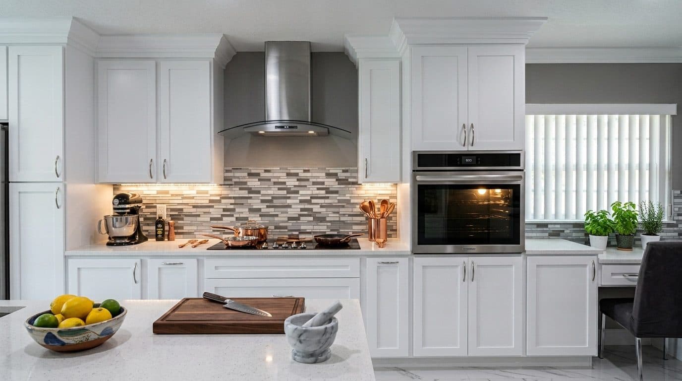 White kitchen with tile backsplash and wall oven