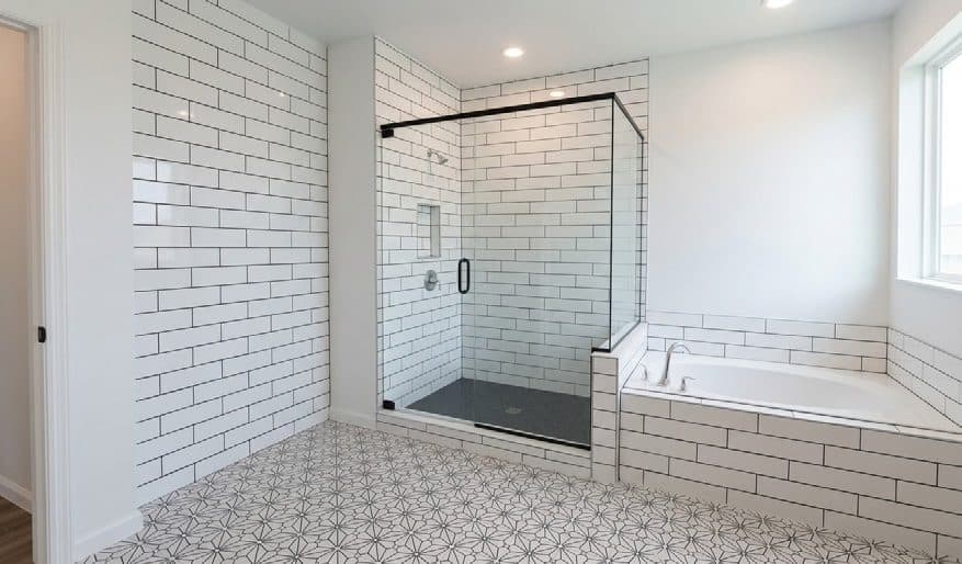 Bathroom with floating wood vanity and matte black hardware