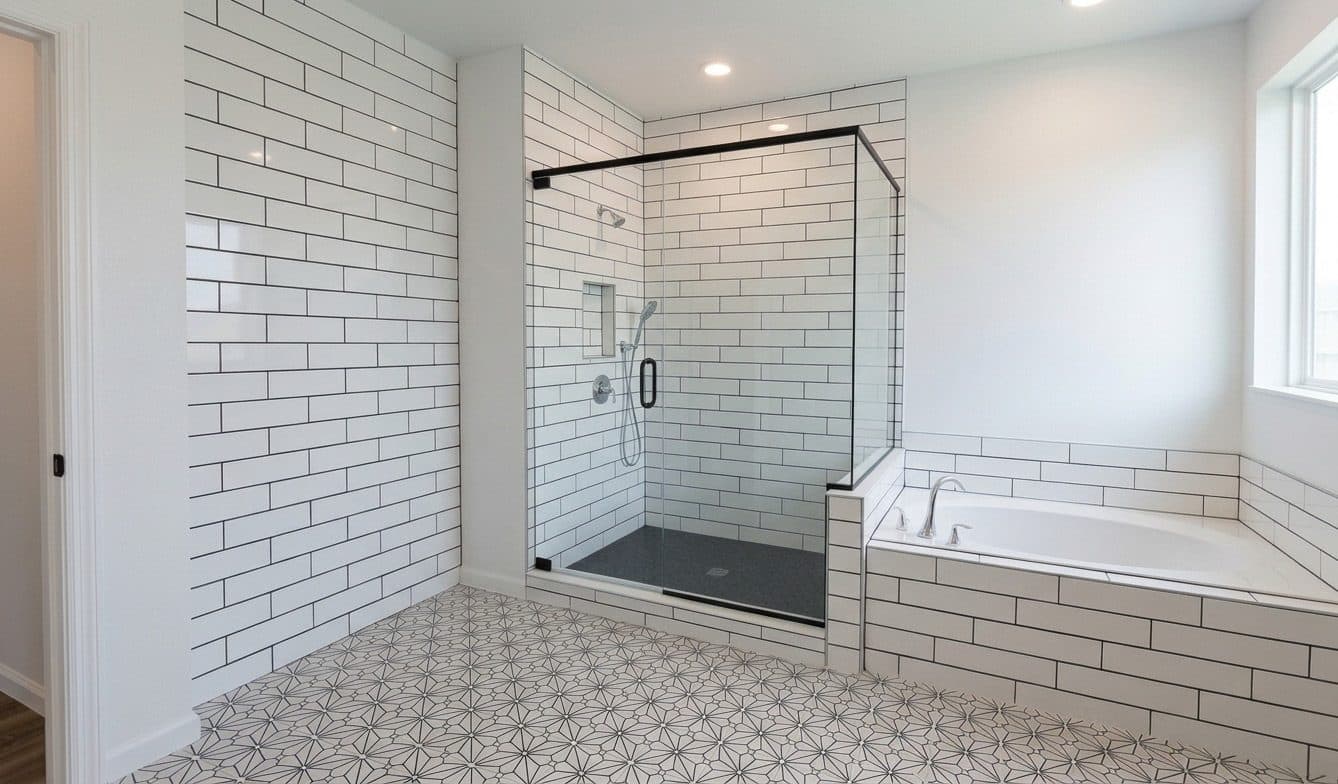 Bathroom with subway tile and soaking tub