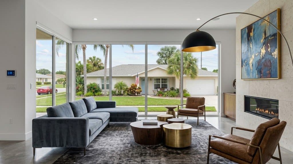 Living room opening onto a Florida yard
